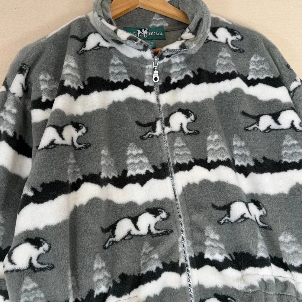 Big Dogs Fleece Jacket Mens Medium Gray All Over Print Full Zip Running Dog Tree